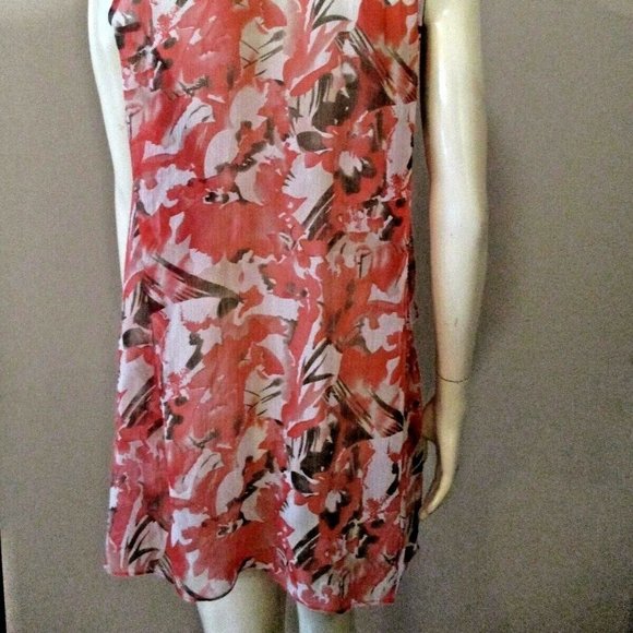 Pretty Coral Floral Hi-Lo Tunic sz M Sheer Crepe Chiffon - Picture 7 of 11